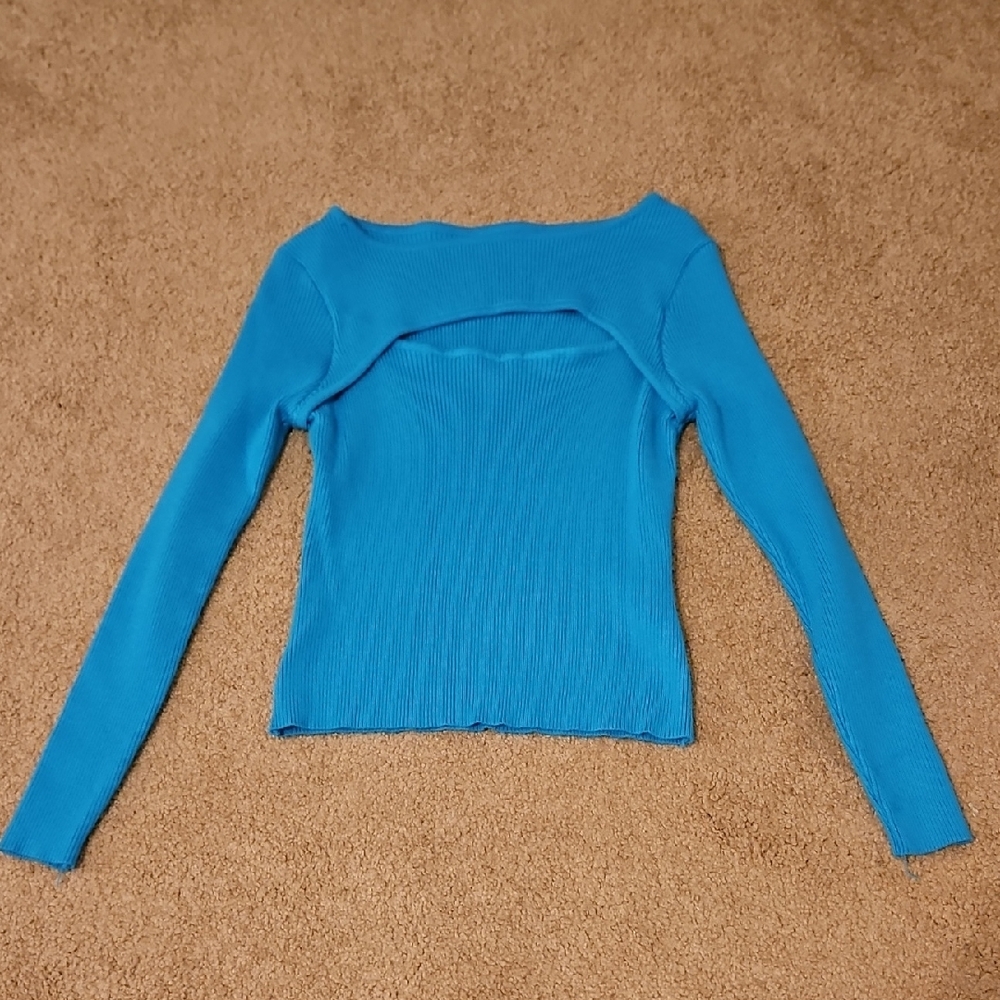 Blue Long Sleeve Ribbed Top